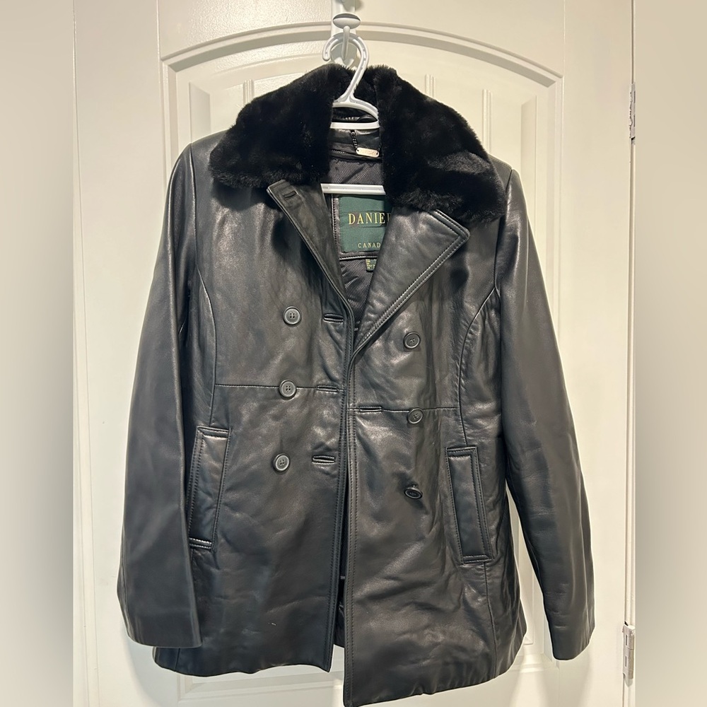 Danier Vintage Leather Coat with Fur Collar
